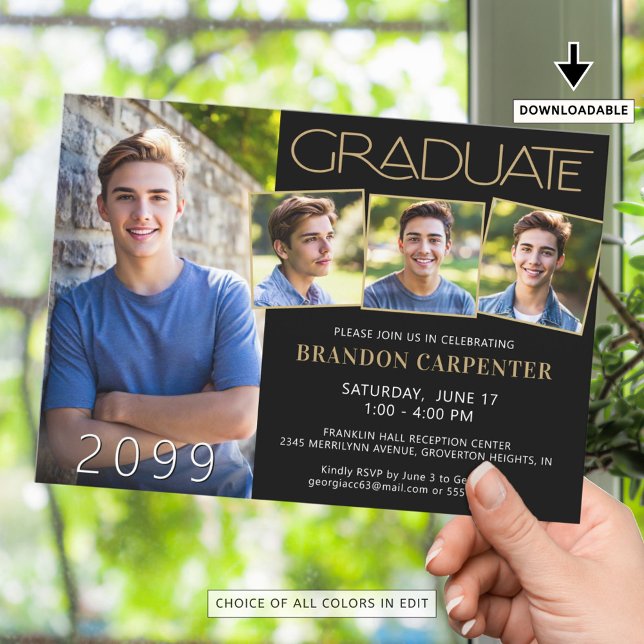Modern Graduate 4 Photo Black Gold  Invitation (Creator Uploaded)