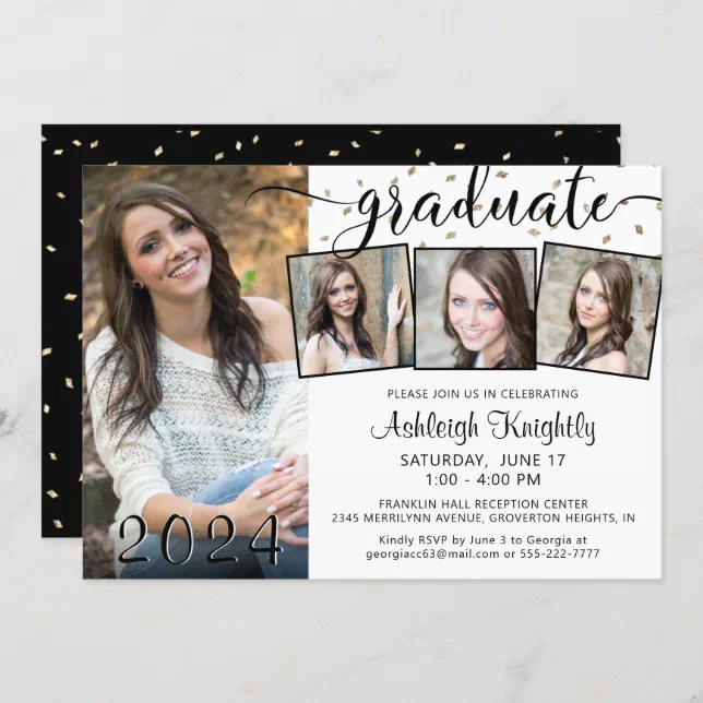 Modern Graduate 4 Photo Collage Confetti Party Invitation | Zazzle