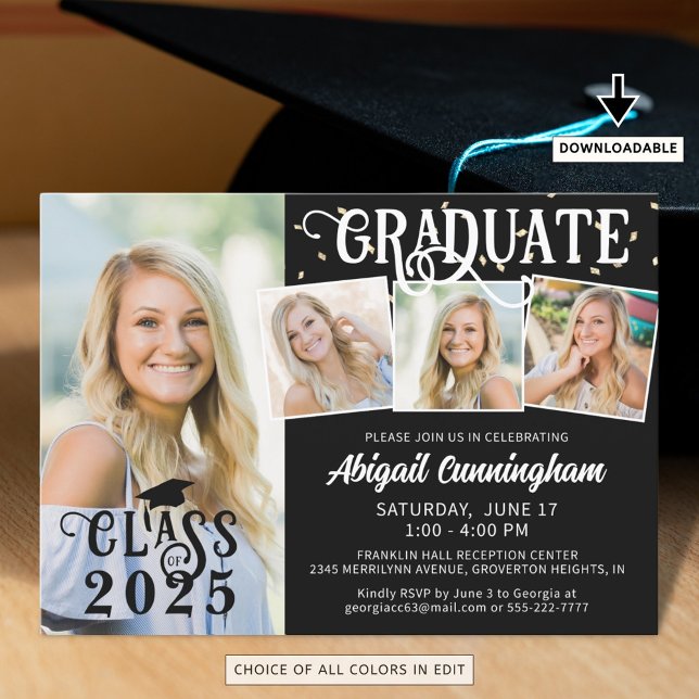 Modern Graduate 4 Photo Collage Custom Colors Invitation (Creator Uploaded)