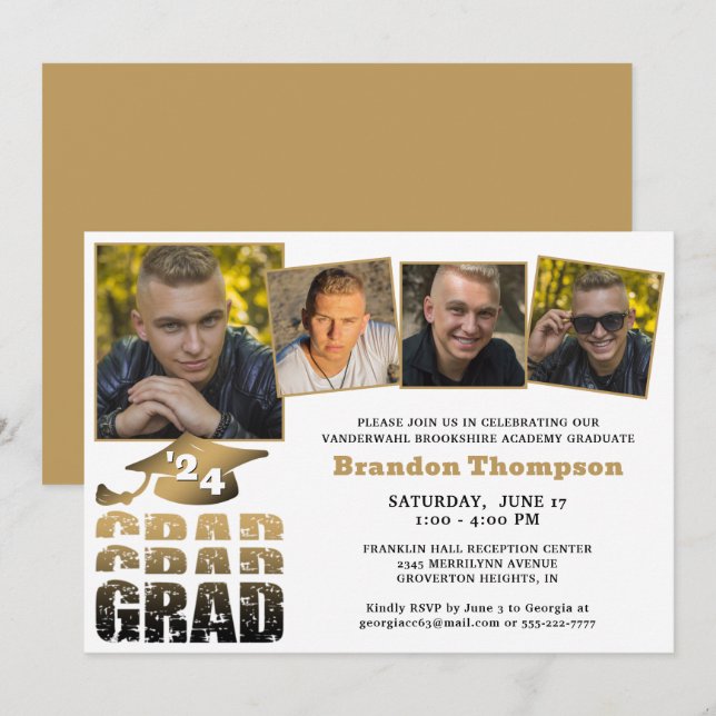 Modern Graduate 4 Photos Black Gold Gradient Invitation (Front/Back)
