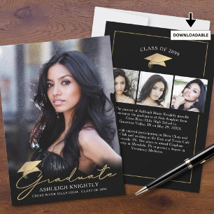 Modern Graduate 4 Photos Script Cap Black Gold Announcement