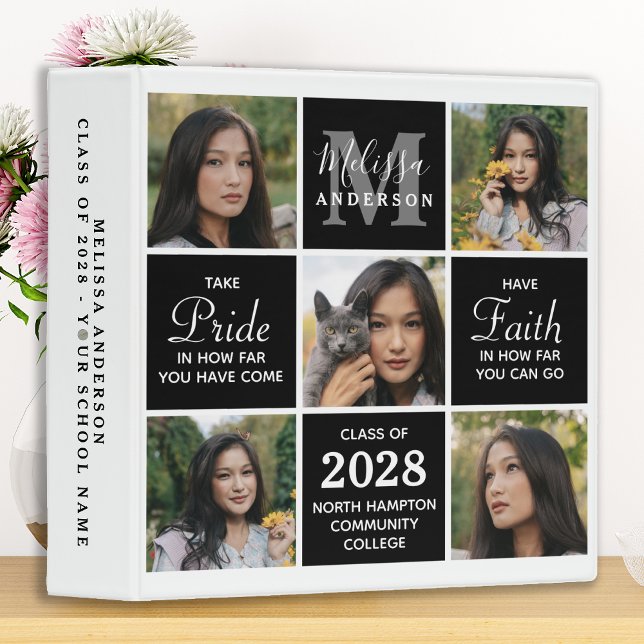 Modern Graduate 5 Photo Black Graduation 3 Ring Binder (Creator Uploaded)