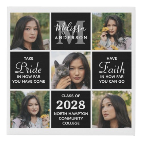 Modern Graduate 5 Photo Collage Graduation Faux Canvas Print - Celebrate your graduate with these modern and elegant photo collage graduation canvas prints. Customize with 5 of your favorite senior or college photos, and personalize with monogram initial, name, graduating year, high school or college initials. Inspirational quote: "Take Pride in how far you have come, Have Faith in how far you can go" These unique trendy and stylish graduation gifts will be a treasured keepsake COPYRIGHT © 2020 Judy Burrows, Black Dog Art - All Rights Reserved. Modern Graduate 5 Photo Collage Graduation Faux Canvas Print