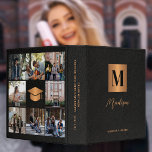 Modern graduate 8 photo black graduation album 3 ring binder<br><div class="desc">Stylish modern luxury monogrammed initial and signature script name personalized graduation memories album binder featuring a faux metallic gold copper square with initial letter,  8 custom photos,  graduation cap topper,  and your text over a black leather like (PRINTED TEXTURE) background.</div>