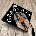 Modern Graduate Arch Photo Graduation Cap Topper<br><div class="desc">Modern graduation cap topper featureing a black background with an arch photo of the graduate,  bold white typography,  a white motarboard,  name of school,  class year and name.</div>
