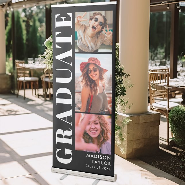 Modern Graduate Back and White 3 Photo Graduation Retractable Banner (Creator Uploaded)