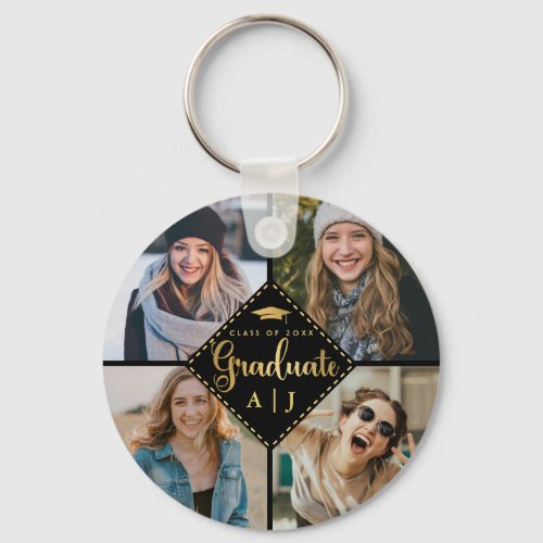 Modern Graduate Black and Gold Photo Collage  Keychain