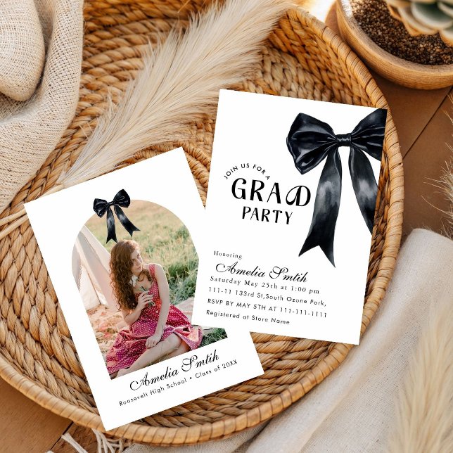 Modern Graduate Black Bow minimal Graduation party Invitation (Creator Uploaded)