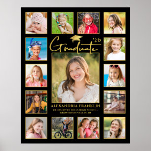 Modern Graduate Black Gold 15 Photo Collage Poster
