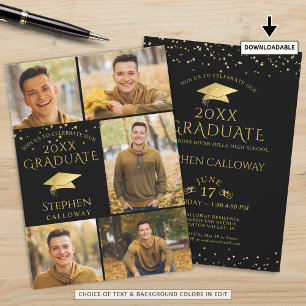 Modern Graduate Black Gold 6 Photo Collage Party Invitation