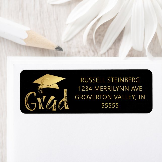 Modern Graduate Black Gold Brushstroke Cap Label (Insitu)