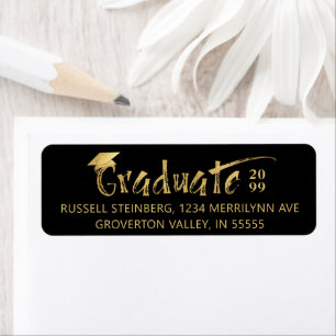 Modern Graduate Black Gold Brushstroke Cap Year Label