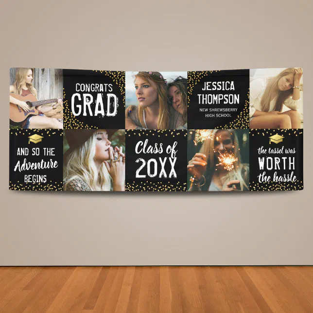 Modern Graduate Black & Gold Photo Banner | Zazzle