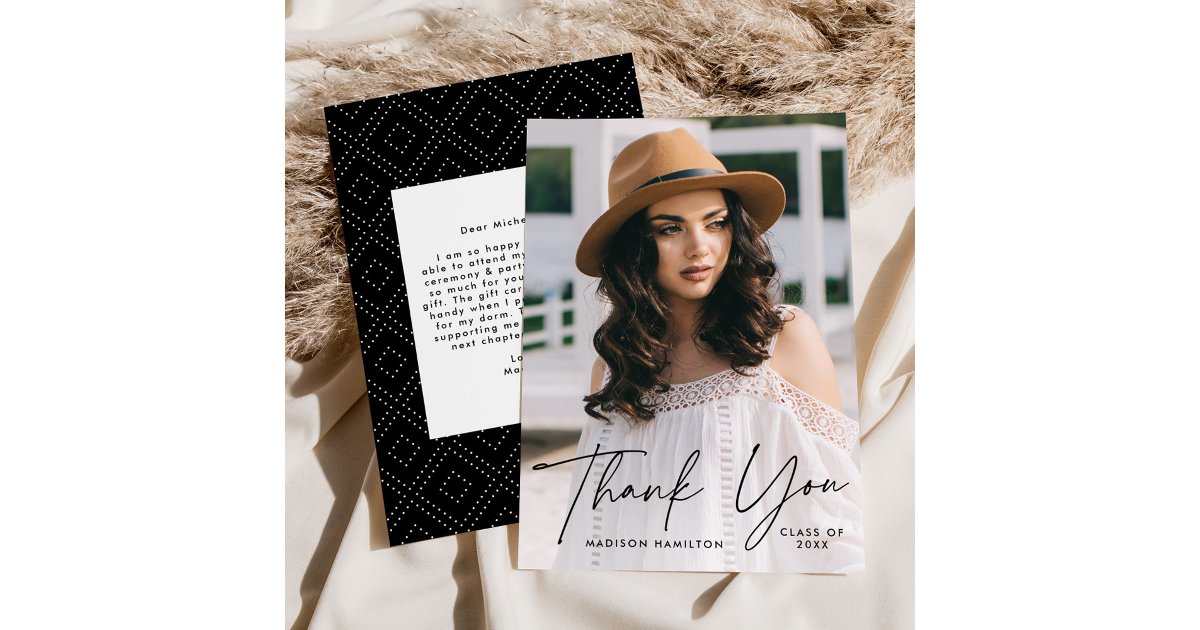 Modern Graduate Black Script Photo Graduation Thank You Card | Zazzle