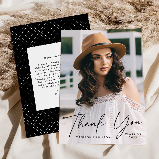 Modern Graduate Black Script Photo Graduation Thank You Card | Zazzle