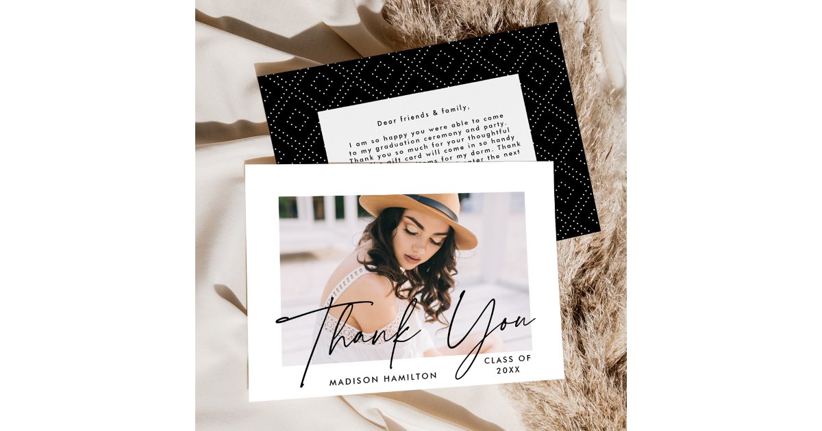 Modern Graduate Black Script Photo Graduation Thank You Card | Zazzle
