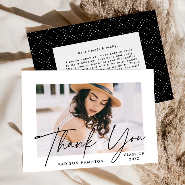 Modern Graduate Black Script Photo Graduation Thank You Card | Zazzle