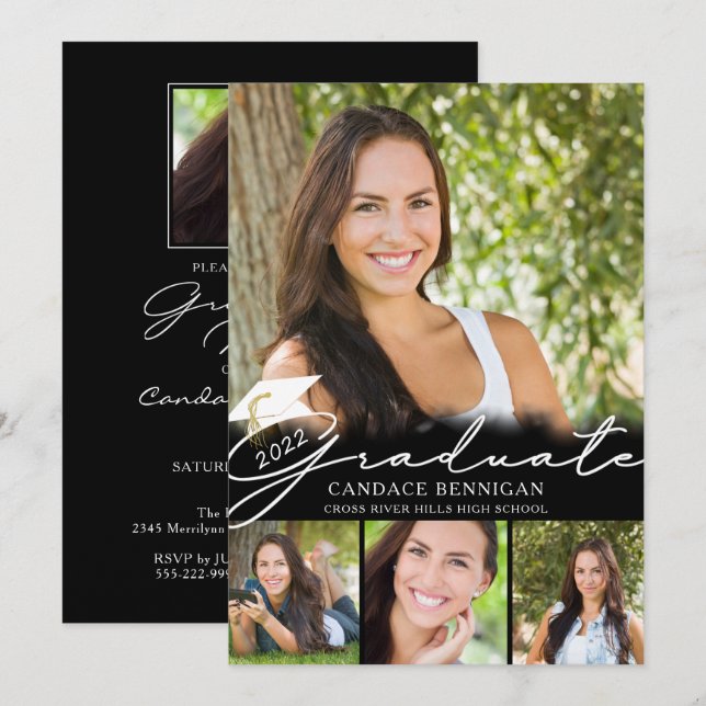 Modern Graduate Black White Script 5 Photo Party Invitation (Front/Back)