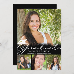 Modern Graduate Black White Script 5 Photo Party Invitation