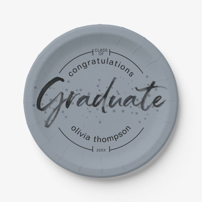 Modern Graduate Blue Brushed Calligraphy Paper Plates (Front)