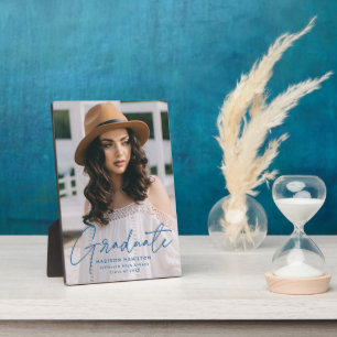 Modern Graduate Blue Script Graduation Photo Plaque