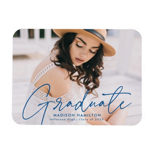 Modern Graduate Blue Script Photo Graduation Magnet