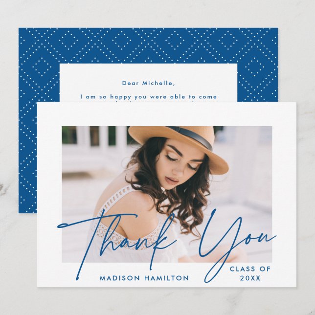 Modern Graduate Blue Script Photo Graduation Thank You Card (Front/Back)