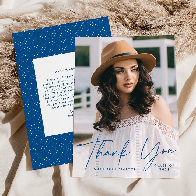 Modern Graduate Blue Script Photo Graduation Thank You Card (Creator Uploaded)