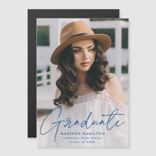 Modern Graduate Blue Script Photo Magnetic Invitation