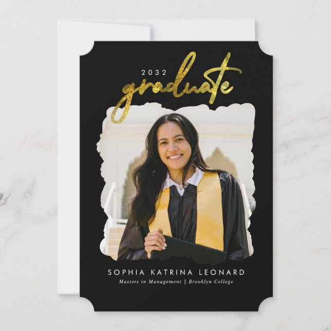 Modern Graduate Brush Script Gold Photo Graduation Announcement (Front)
