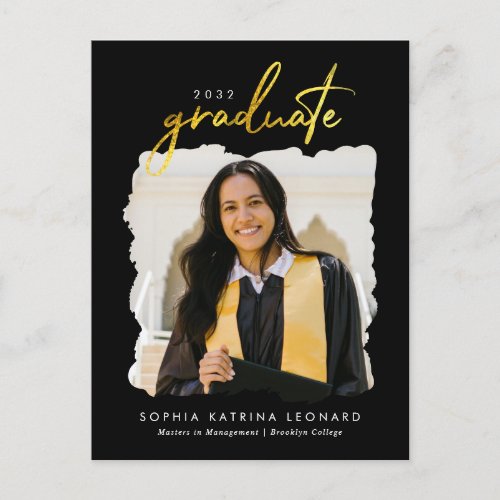 Modern Graduate Brush Script Gold Photo Graduation Announcement Postcard