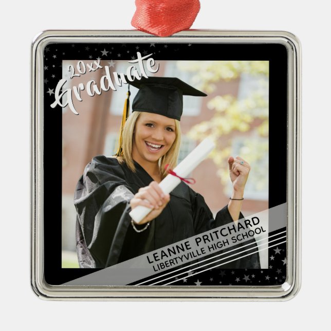 Modern Graduate Brush Script Photo Black Metal Ornament (Front)