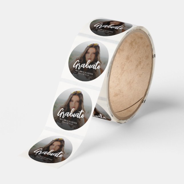 Modern Graduate Brush Script Photo Graduation  Classic Round Sticker (Roll)