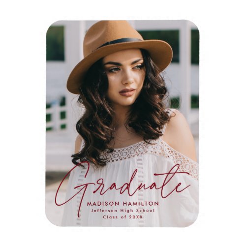 Modern Graduate Burgundy Script Photo Graduation Magnet