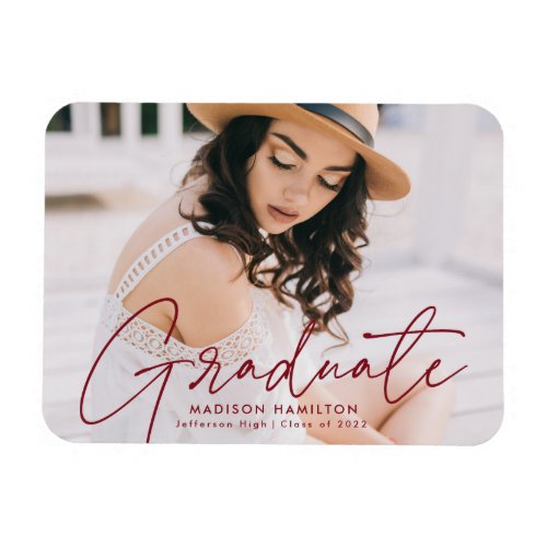 Modern Graduate Burgundy Script Photo Graduation Magnet