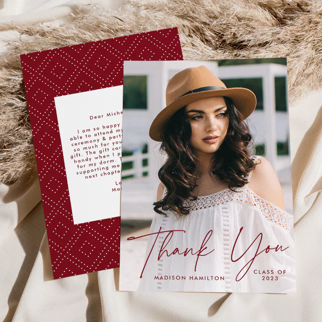Modern Graduate Burgundy Script Photo Graduation Thank You Card | Zazzle
