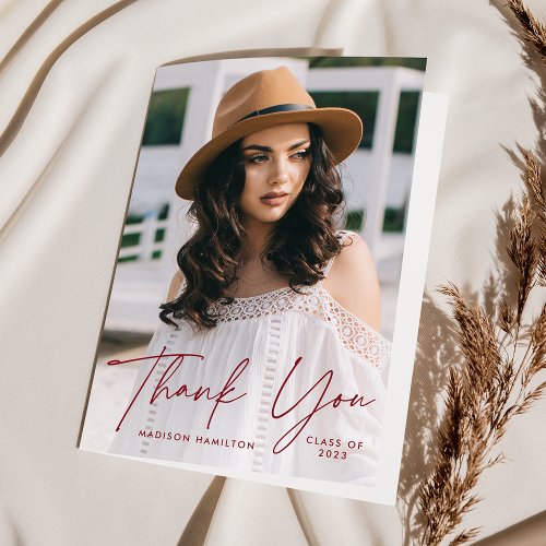 Modern Graduate Burgundy Script Photo Graduation Thank You Card