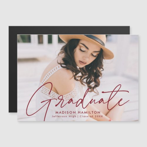 Modern Graduate Burgundy Script Photo Magnetic Invitation