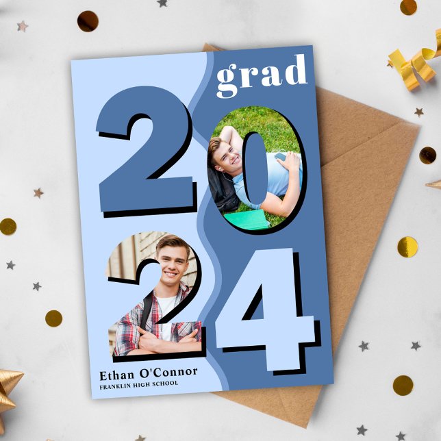 Modern Graduate Class Of 2024 Photo Graduation Announcement (Modern Blue Wavy Class Of 2024 Photo Graduation Announcement)