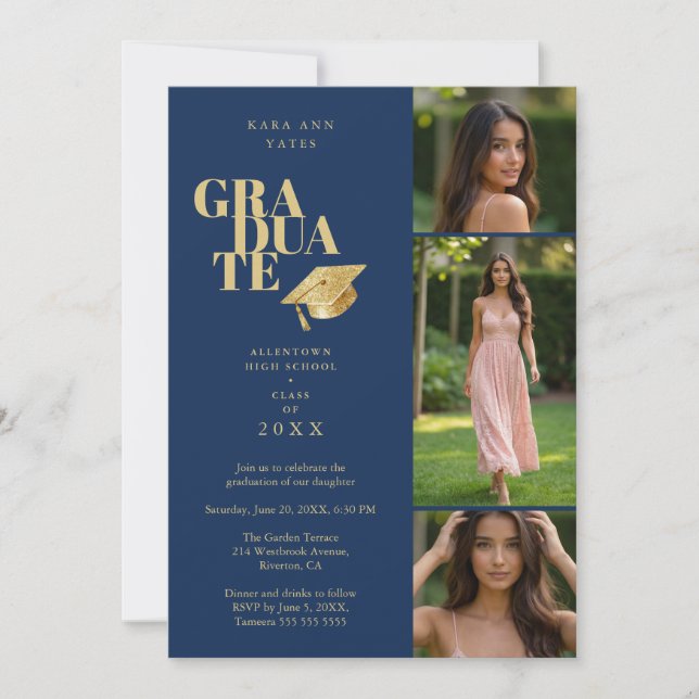 Modern Graduate Collage 3-Photos Navy Blue & Gold Invitation (Front)
