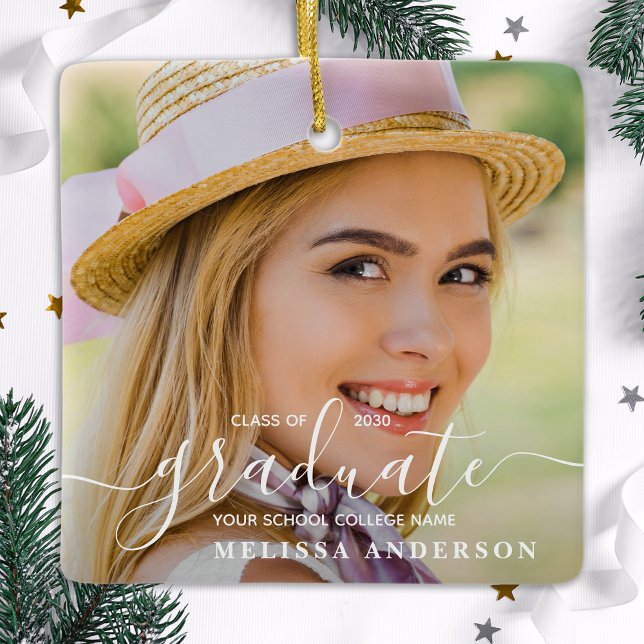 Modern Graduate Custom 2 Photo Grad Graduation  Ceramic Ornament (Creator Uploaded)