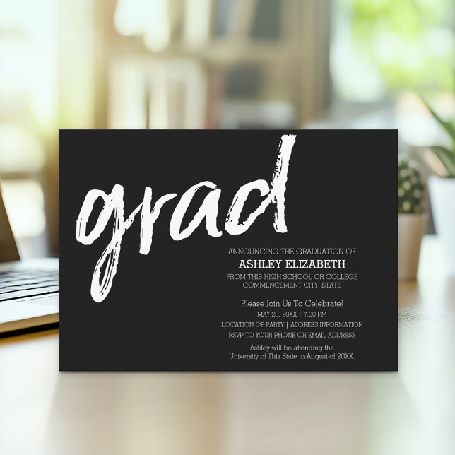 Modern Graduate Custom Trendy Black Grad Invitation (Modern Graduation Announcement and Party Invitation)