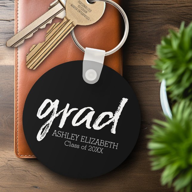 Modern Graduate Custom Trendy Black Grad Keychain (Personalized Keychain - Graduation Party Favor)