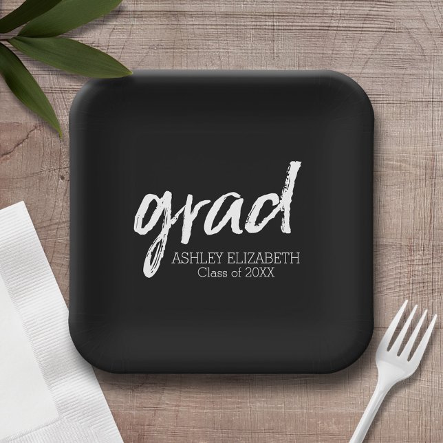 Modern Graduate Custom Trendy Black Grad Paper Plates (Personalized party plates with graduation theme)