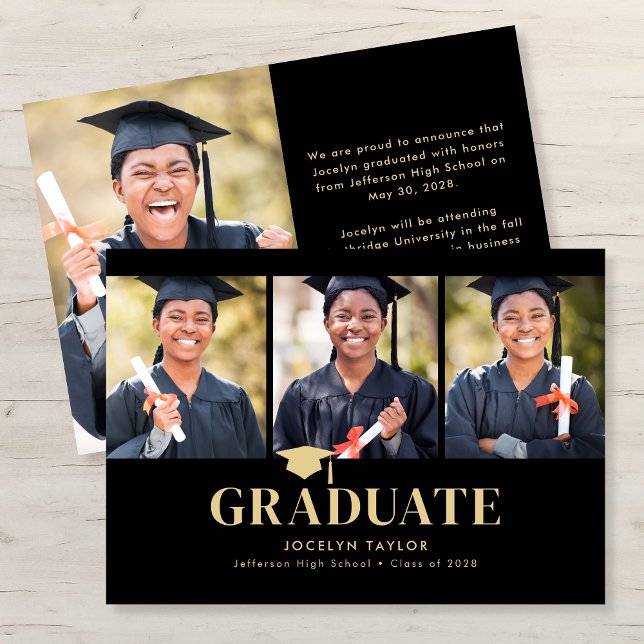 Modern Graduate Elegant Black 4 Photo Graduation Announcement (Creator Uploaded)