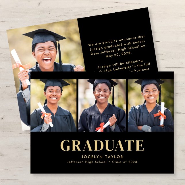 Modern Graduate Elegant Black 4 Photo Graduation Announcement (Creator Uploaded)