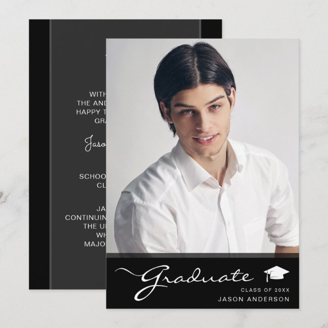 Modern Graduate | Elegant Script Trendy 1 Photo Announcement (Front/Back)