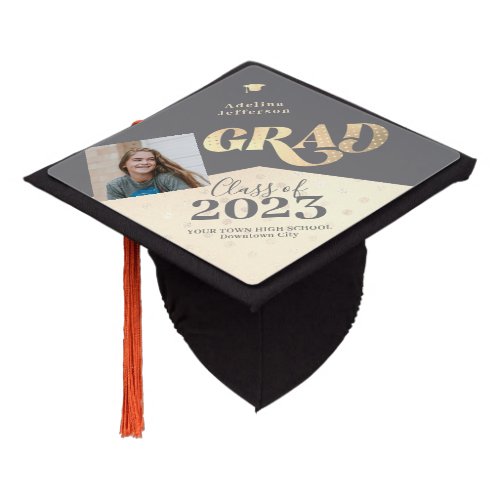 Modern graduate gold glitter photo school year graduation cap topper