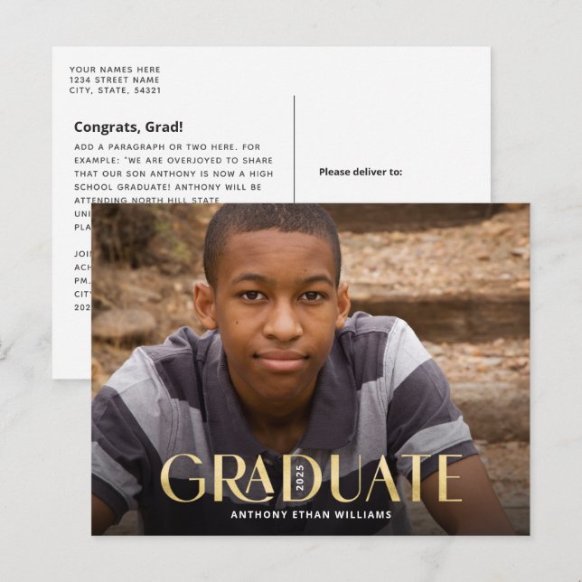 Modern Graduate Gold Overlay Photo Graduation Postcard (Front/Back)
