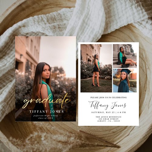 Modern Graduate Gold Script 2 Photos Graduation   Foil Invitation